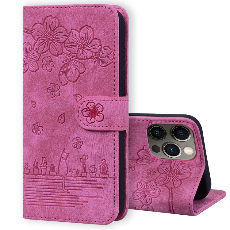 

Cartoon Sakura Cat Embossed Leather Case For iPhone 13 Pro Max(Rose Red)