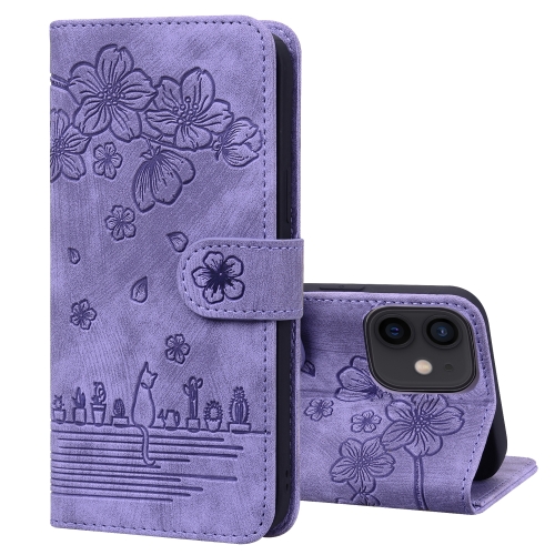 

Cartoon Sakura Cat Embossed Leather Case For iPhone 12 mini(Purple)