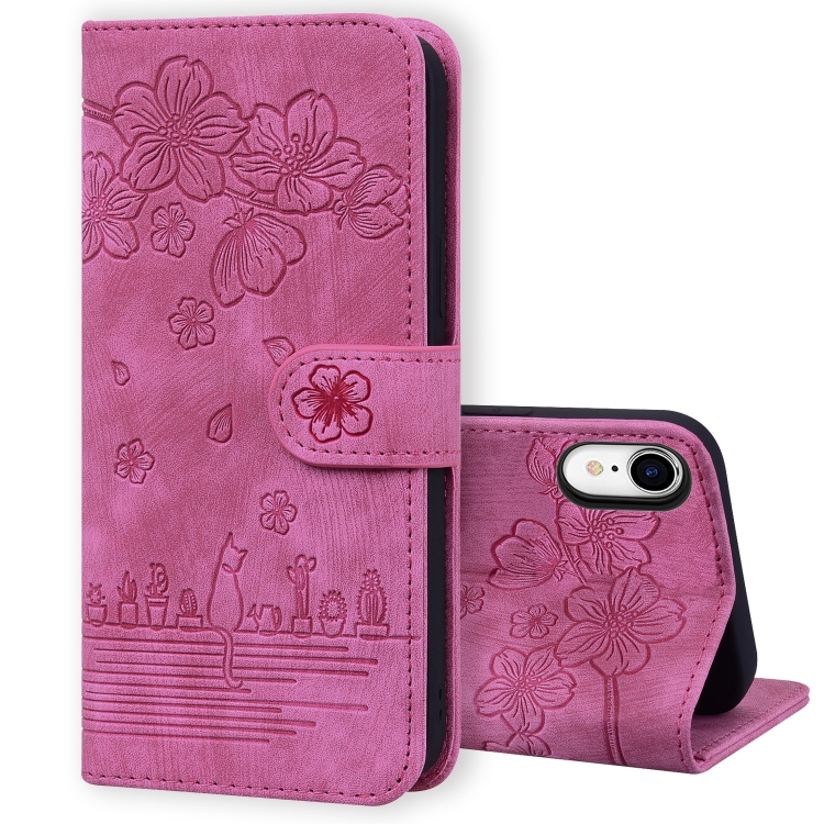 

Cartoon Sakura Cat Embossed Leather Case For iPhone XR(Rose Red)