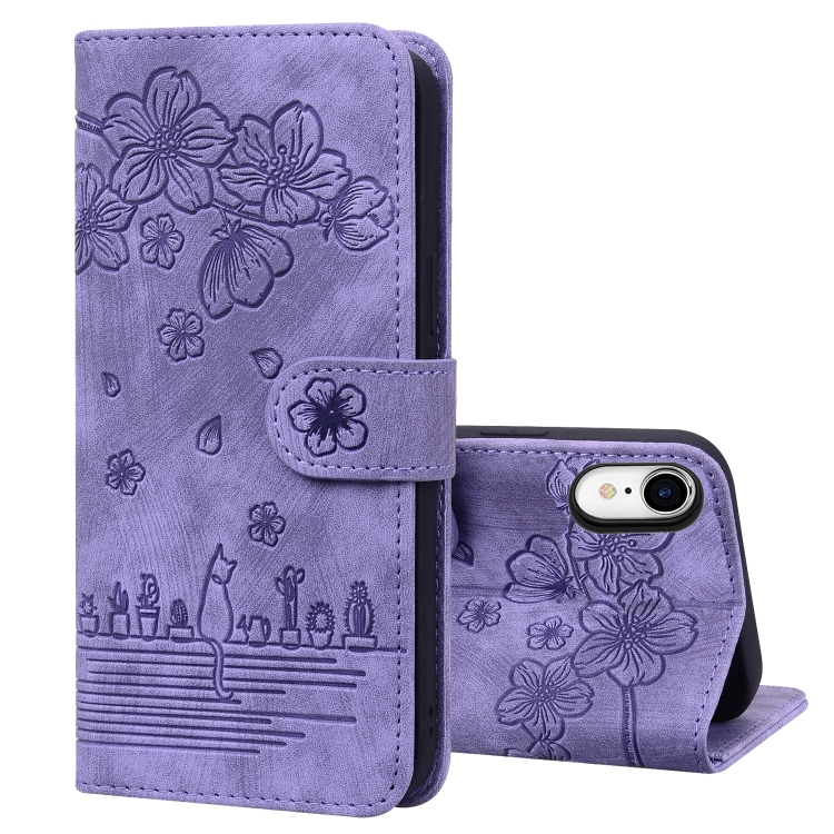 

Cartoon Sakura Cat Embossed Leather Case For iPhone XR(Purple)