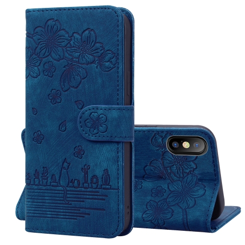 

Cartoon Sakura Cat Embossed Leather Case For iPhone XS Max(Royal Blue)