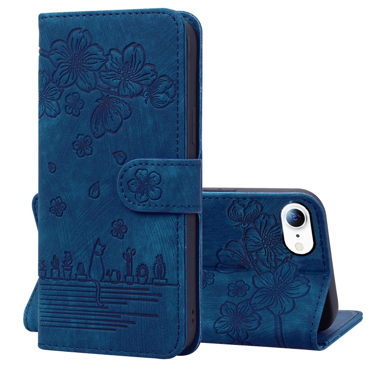 

Cartoon Sakura Cat Embossed Leather Case For iPhone SE 2022 / SE 2020 / 7 / 8(Royal Blue)