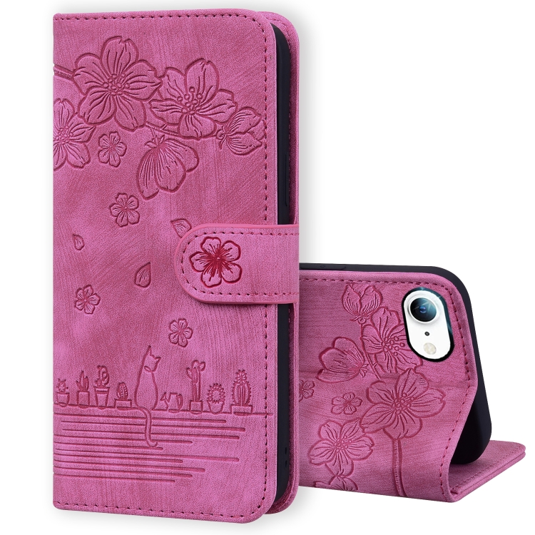 

Cartoon Sakura Cat Embossed Leather Case For iPhone SE 2022 / SE 2020 / 7 / 8(Rose Red)