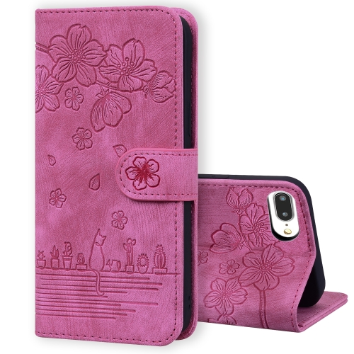 

Cartoon Sakura Cat Embossed Leather Case For iPhone 7 Plus / 8 Plus(Rose Red)
