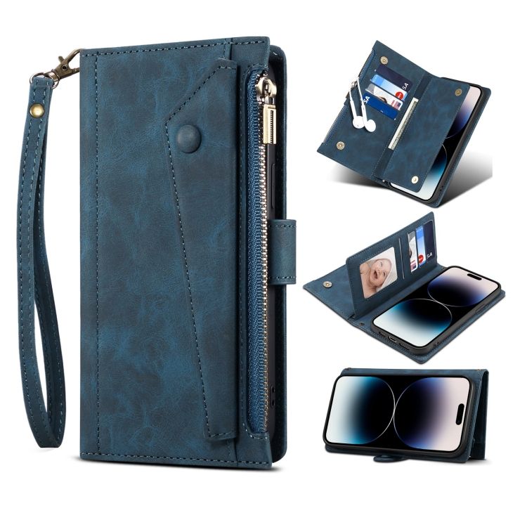 

For iPhone 14 Pro Max Retro Frosted RFID Flip Leather Phone Case (Dark Green)