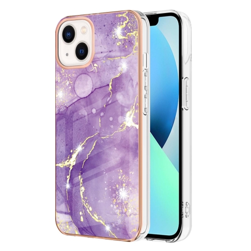 

For iPhone 14 Plus Electroplating Marble Pattern Dual-side IMD TPU Shockproof Phone Case (Purple 002)