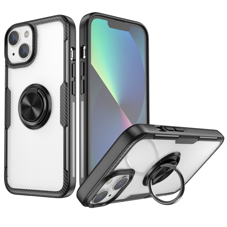 

For iPhone 14 Shockproof Transparent TPU + Acrylic Protective Phone Case with Ring Holder (Black)