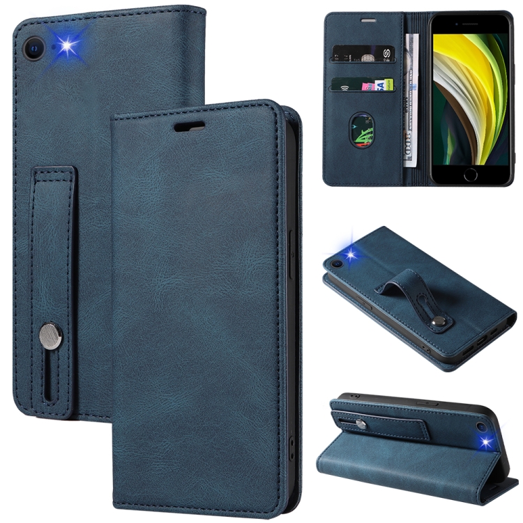 

For iPhone SE 2022 / SE 2020 / 8 / 7 Wristband Magnetic Leather Phone Case(Dark Blue)