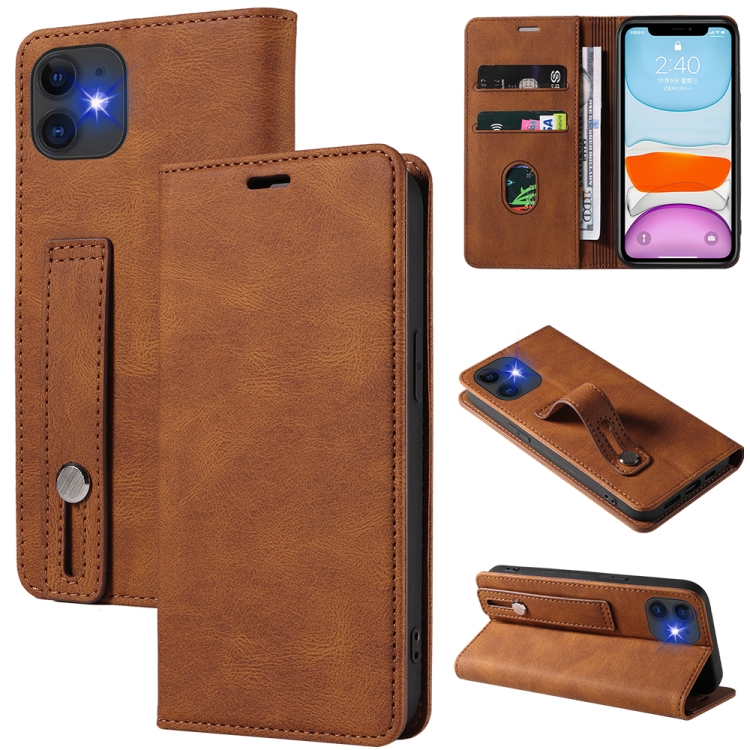 

For iPhone 11 Pro Max Wristband Magnetic Leather Phone Case (Brown)