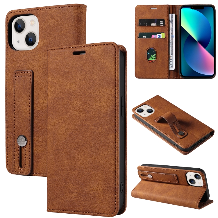 

For iPhone 13 Wristband Magnetic Leather Phone Case(Brown)