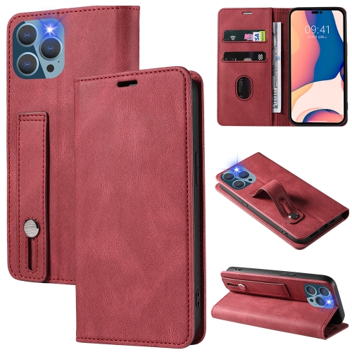 

For iPhone 14 Pro Max Wristband Magnetic Leather Phone Case (Red)
