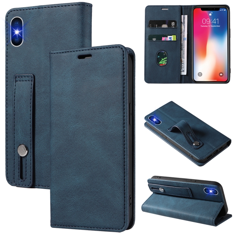 

For iPhone X / XS Wristband Magnetic Leather Phone Case(Dark Blue)