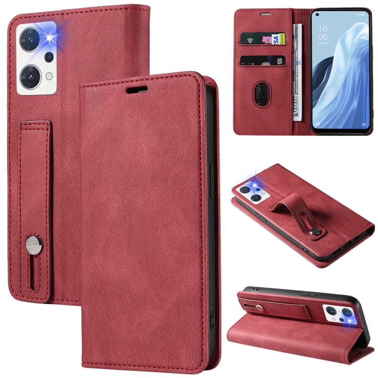 

For OPPO Reno7 A Wristband Magnetic Leather Phone Case(Red)
