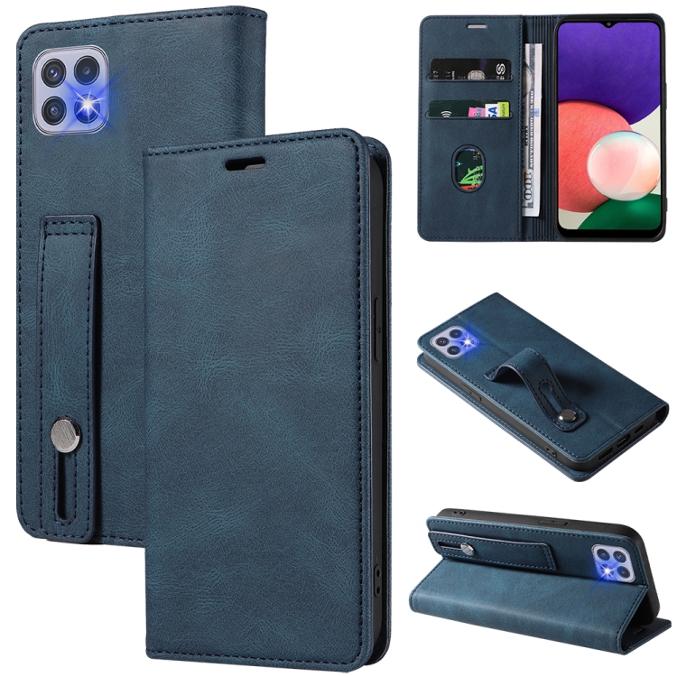 

For Samsung Galaxy A22 4G Wristband Magnetic Leather Phone Case(Dark Blue)