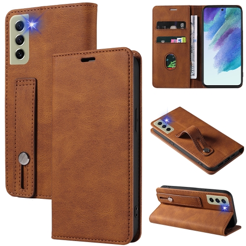 

For Samsung Galaxy S21 FE 5G Wristband Magnetic Leather Phone Case(Brown)