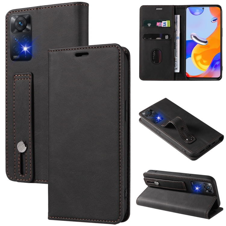 

For Xiaomi Redmi Note 11 Global Wristband Magnetic Leather Phone Case(Black)