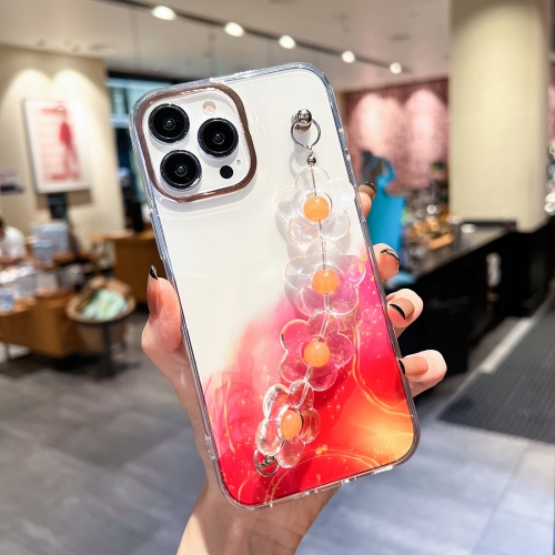 

Gold Halo Marble Pattern Case with Flower Bracelet For iPhone 14 Pro(Red)