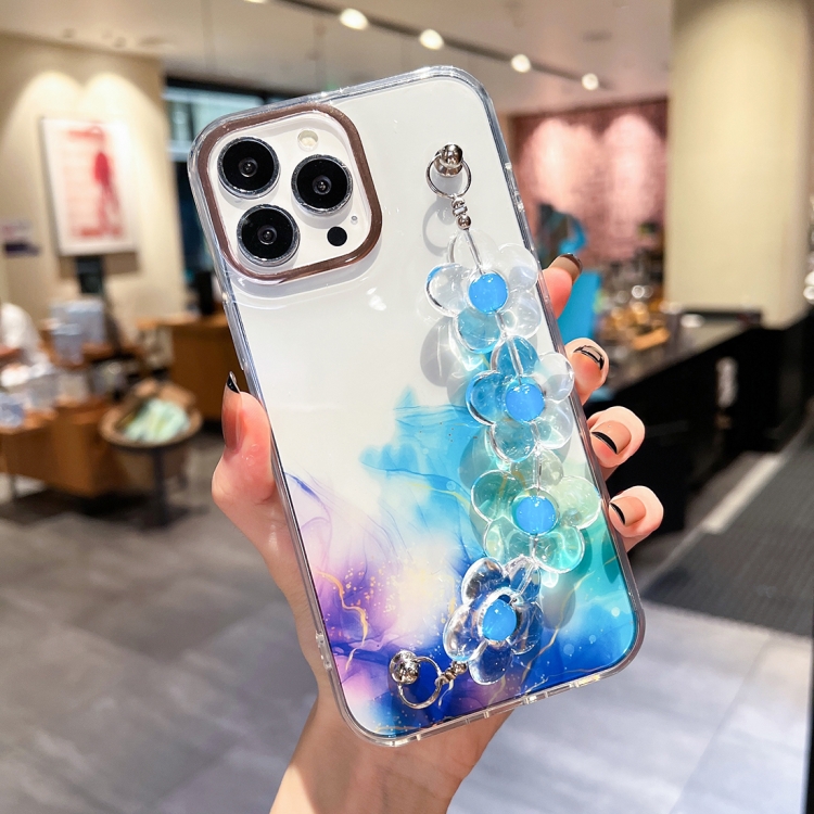 

Gold Halo Marble Pattern Case with Flower Bracelet For iPhone 13 Pro(Purple)