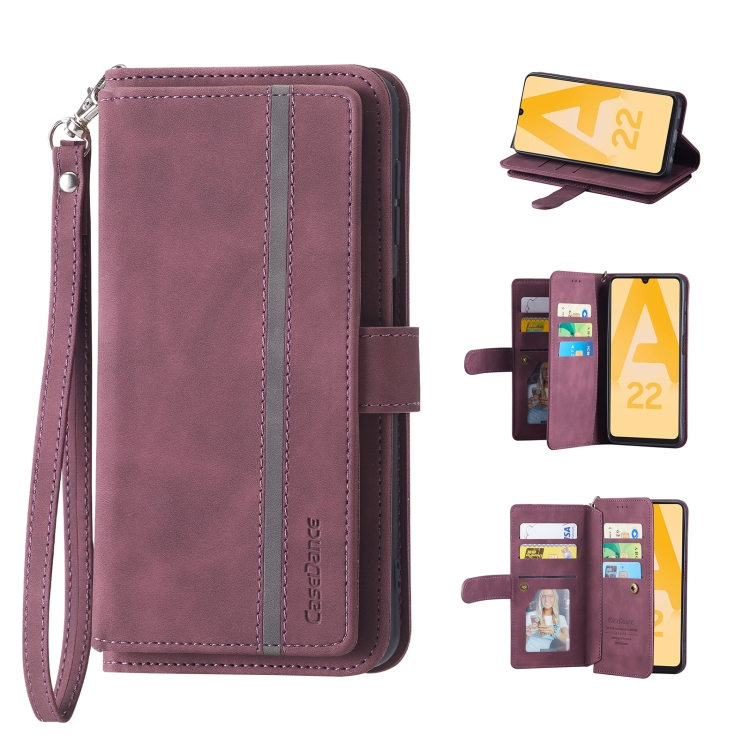 

For Samsung Galaxy A22 5G 9 Card Slots Splicing Magnetic Leather Flip Phone Case(Wine Red)