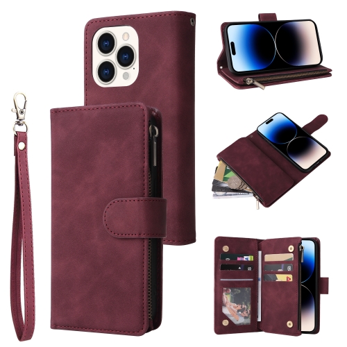 

For iPhone 14 Pro Multifunctional Phone Leather Case with Card Slot(Wine Red)