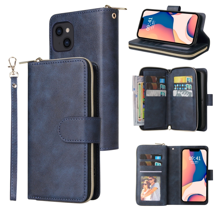 

9 Card Slots Zipper Wallet Bag Leather Phone Case For iPhone 14(Blue)