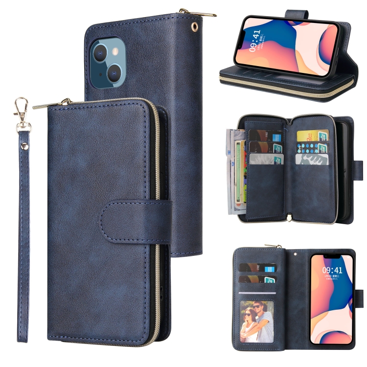 

For iPhone 14 Plus 9 Card Slots Zipper Wallet Bag Leather Phone Case (Blue)