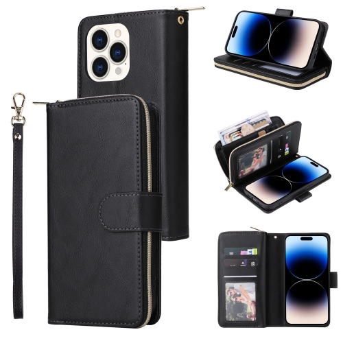 

For iPhone 14 Pro 9 Card Slots Zipper Wallet Bag Leather Phone Case(Black)