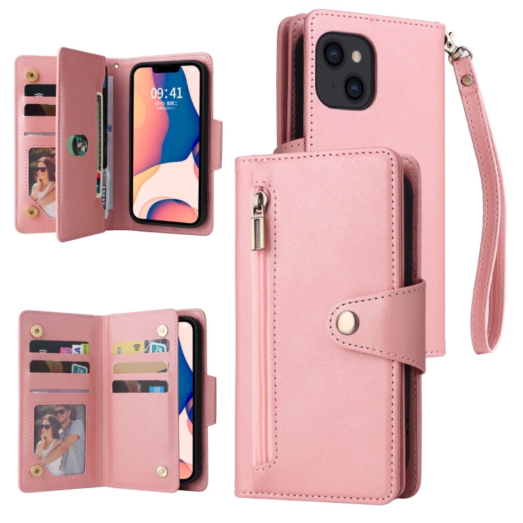 

For iPhone 14 Rivet Buckle 9 Cards Three Fold Leather Phone Case (Rose Gold)