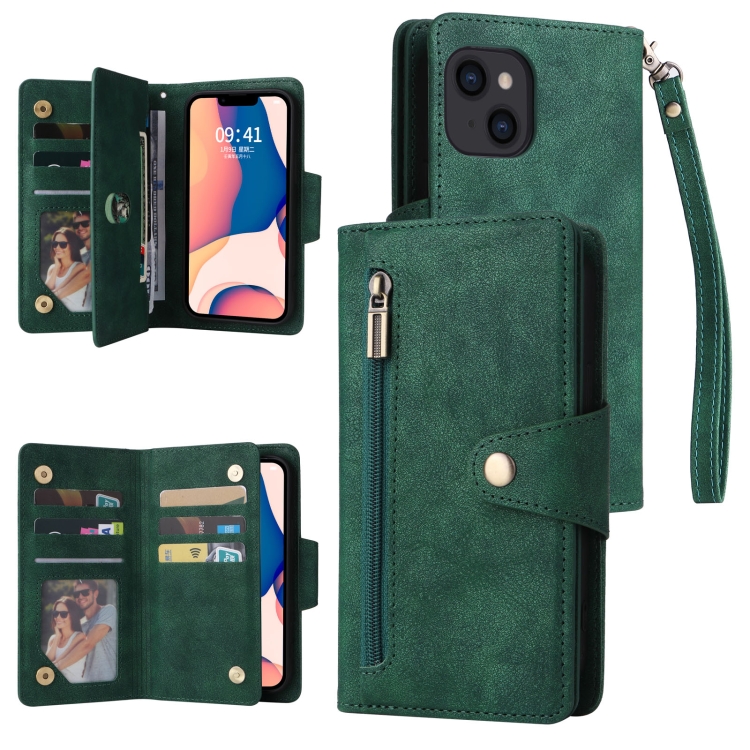 

For iPhone 14 Rivet Buckle 9 Cards Three Fold Leather Phone Case (Green)