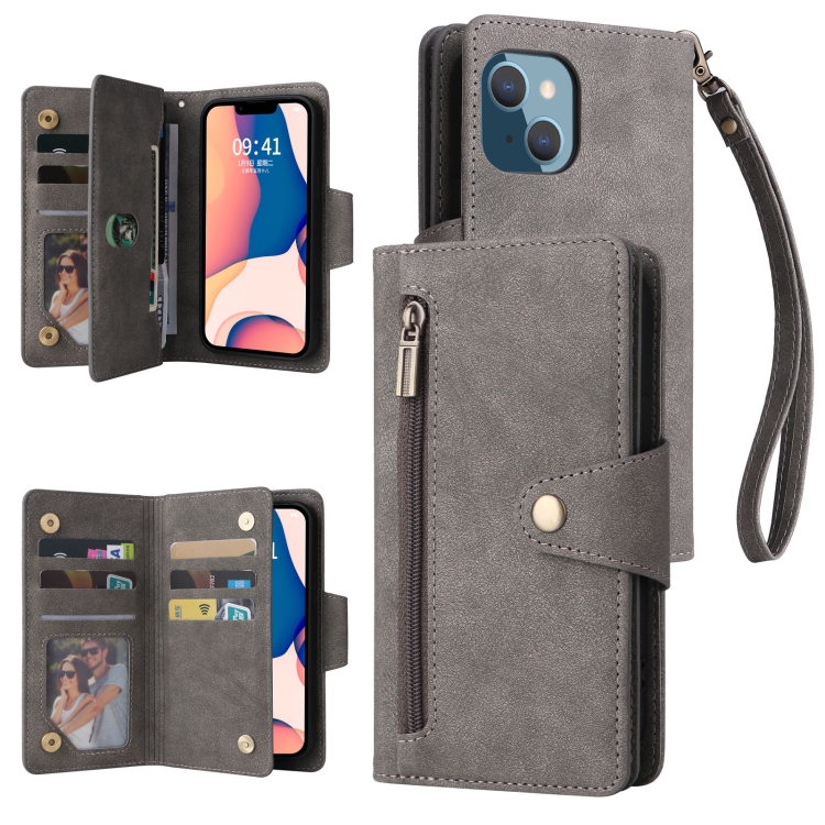 

For iPhone 14 Plus Rivet Buckle 9 Cards Three Fold Leather Phone Case (Grey)