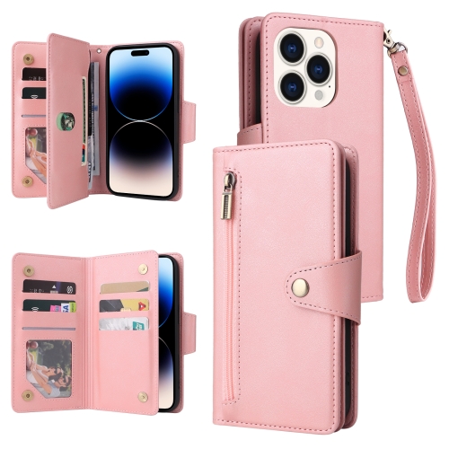 

For iPhone 14 Pro Rivet Buckle 9 Cards Three Fold Leather Phone Case(Rose Gold)