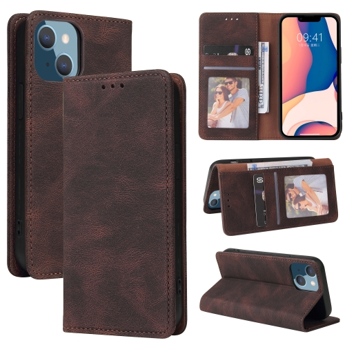 

For iPhone 14 Plus Simple Suction Closure Horizontal Flip Leather Case (Brown)