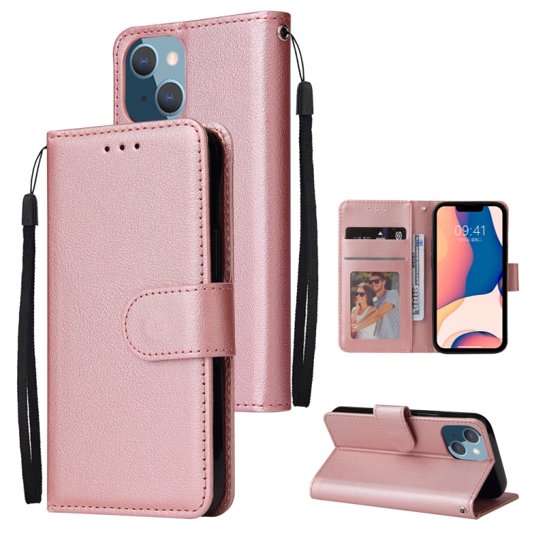 

For iPhone 14 Plus Multifunctional Horizontal Flip Leather Case with Three Card Slot (Rose Gold)
