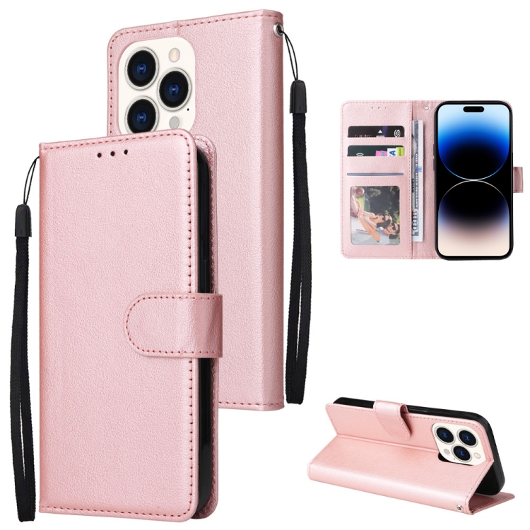 

For iPhone 14 Pro Max Multifunctional Horizontal Flip Leather Case with Three Card Slot (Rose Gold)