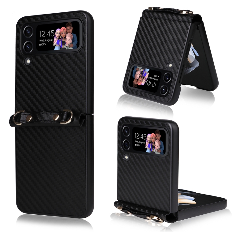 

For Samsung Galaxy Z Flip4 Carbon Fiber Texture Phone Case With Lanyard(Black)