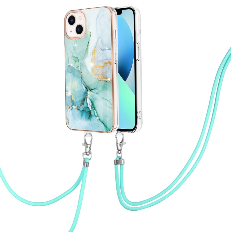

For iPhone 14 Electroplating Marble Pattern IMD TPU Shockproof Case with Neck Lanyard (Green 003)