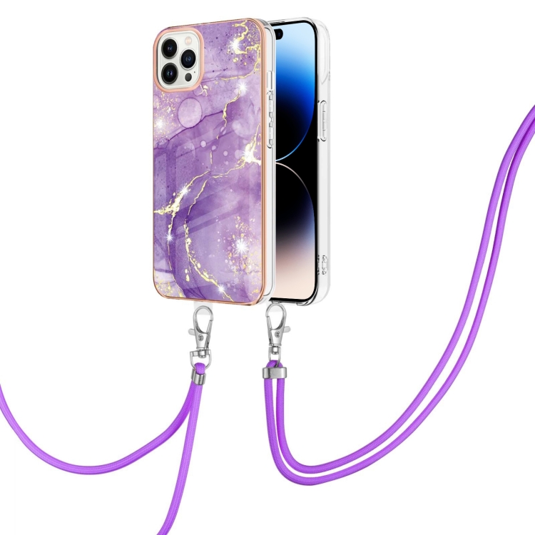 

Electroplating Marble Pattern IMD TPU Shockproof Case with Neck Lanyard For iPhone 14 Pro(Purple 002)