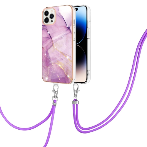 

Electroplating Marble Pattern IMD TPU Shockproof Case with Neck Lanyard For iPhone 14 Pro Max(Purple 001)