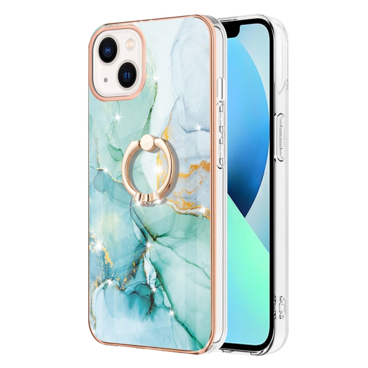 

Electroplating Marble Pattern IMD TPU Shockproof Case with Ring Holder For iPhone 14(Green 003)
