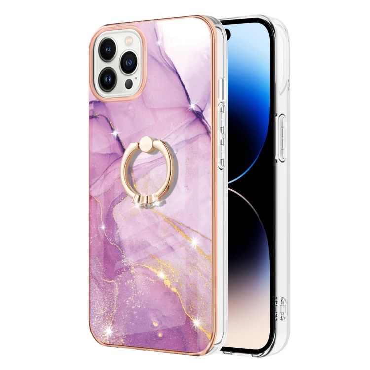 

For iPhone 14 Pro Max Electroplating Marble Pattern IMD TPU Shockproof Case with Ring Holder (Purple 001)