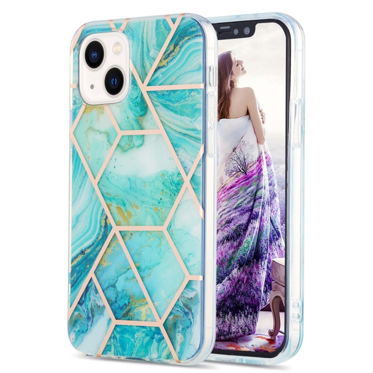 

Electroplating Splicing Marble Flower Pattern Dual-side IMD TPU Shockproof Phone Case For iPhone 14(Blue)