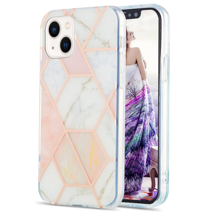 

Electroplating Splicing Marble Flower Pattern Dual-side IMD TPU Shockproof Phone Case For iPhone 14 Max(Pink White)