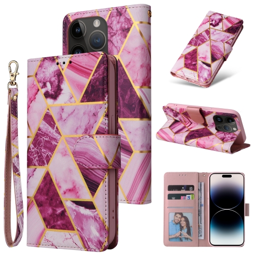 

For iPhone 14 Pro Max Marble Bronzing Stitching Horizontal Flip PU Leather Case (Purple)