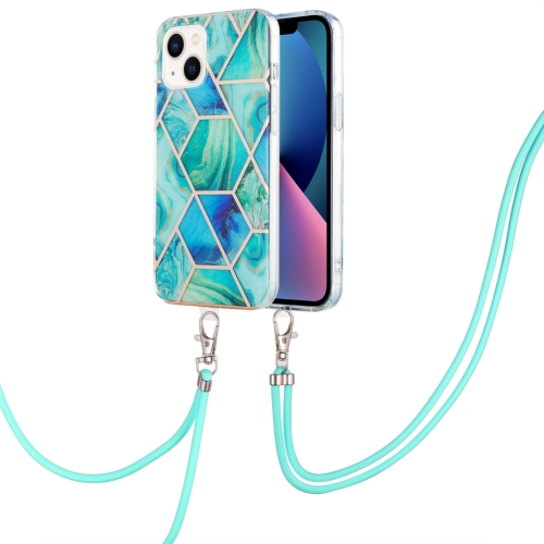 

Electroplating Splicing Marble Pattern Dual-side IMD TPU Shockproof Case with Neck Lanyard For iPhone 14 Max(Green)