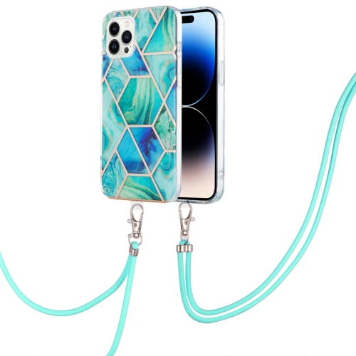 

Electroplating Splicing Marble Pattern Dual-side IMD TPU Shockproof Case with Neck Lanyard For iPhone 14 Pro(Green)