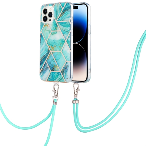 

Electroplating Splicing Marble Pattern Dual-side IMD TPU Shockproof Case with Neck Lanyard For iPhone 14 Pro Max(Blue)