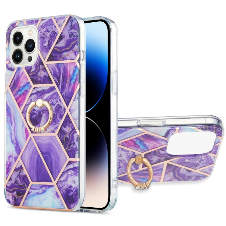 

Electroplating Splicing Marble Pattern Dual-side IMD TPU Shockproof Case with Ring Holder For iPhone 14 Pro Max(Dark Purple)