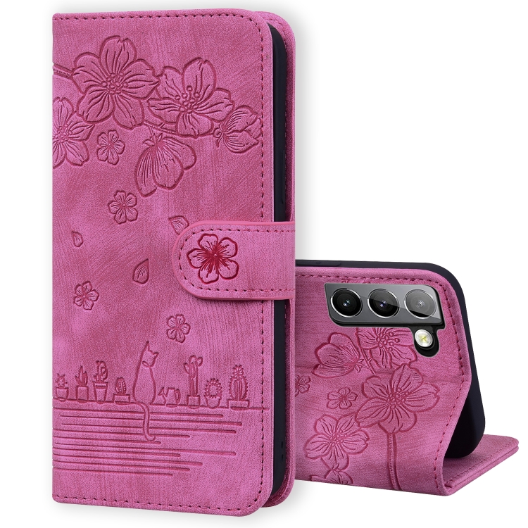 

For Samsung Galaxy S22+ 5G Cartoon Sakura Cat Embossed Leather Phone Case(Rose Red)