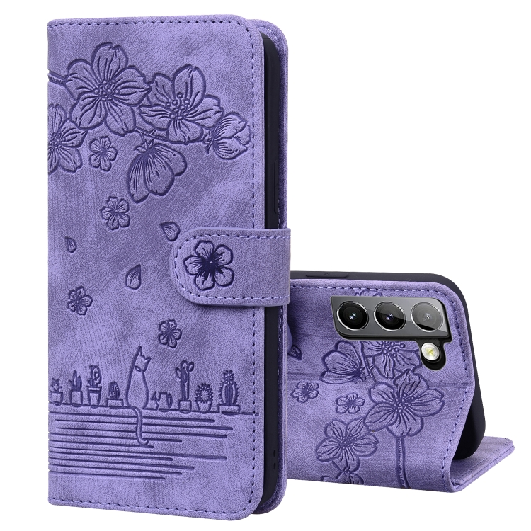 

For Samsung Galaxy S22+ 5G Cartoon Sakura Cat Embossed Leather Phone Case(Purple)