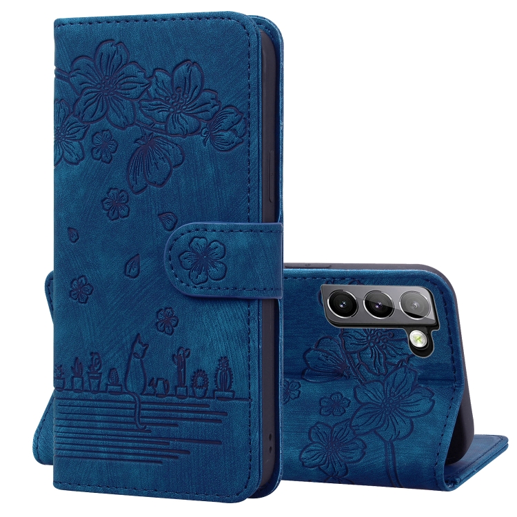 

For Samsung Galaxy S21 5G Cartoon Sakura Cat Embossed Leather Phone Case(Royal Blue)